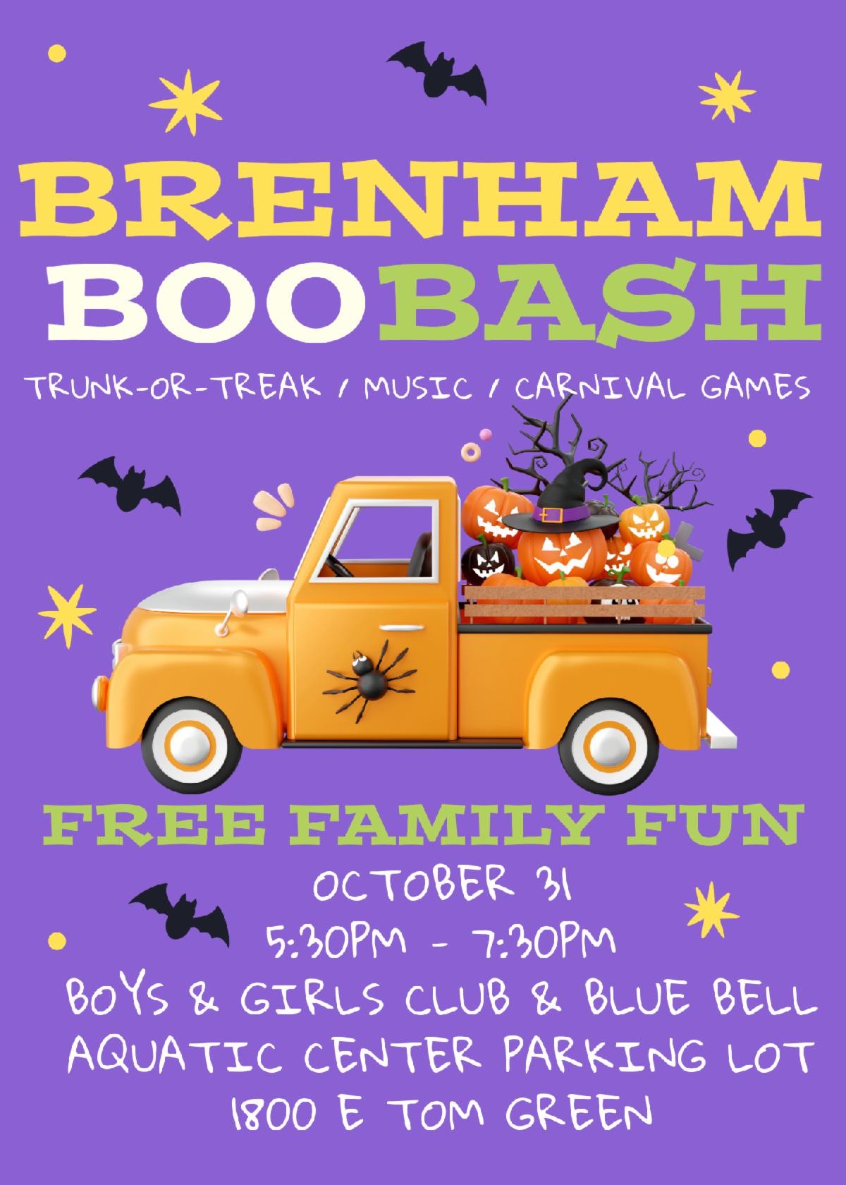 Brenham Boo Bash poster of a car with a family of ghosts and candy - Trunk or treat | music | carnival games - free family fun - at the boys and girls club and blue bell aquatic center parking lot at 1800 E. tom green, Brenham Tx.